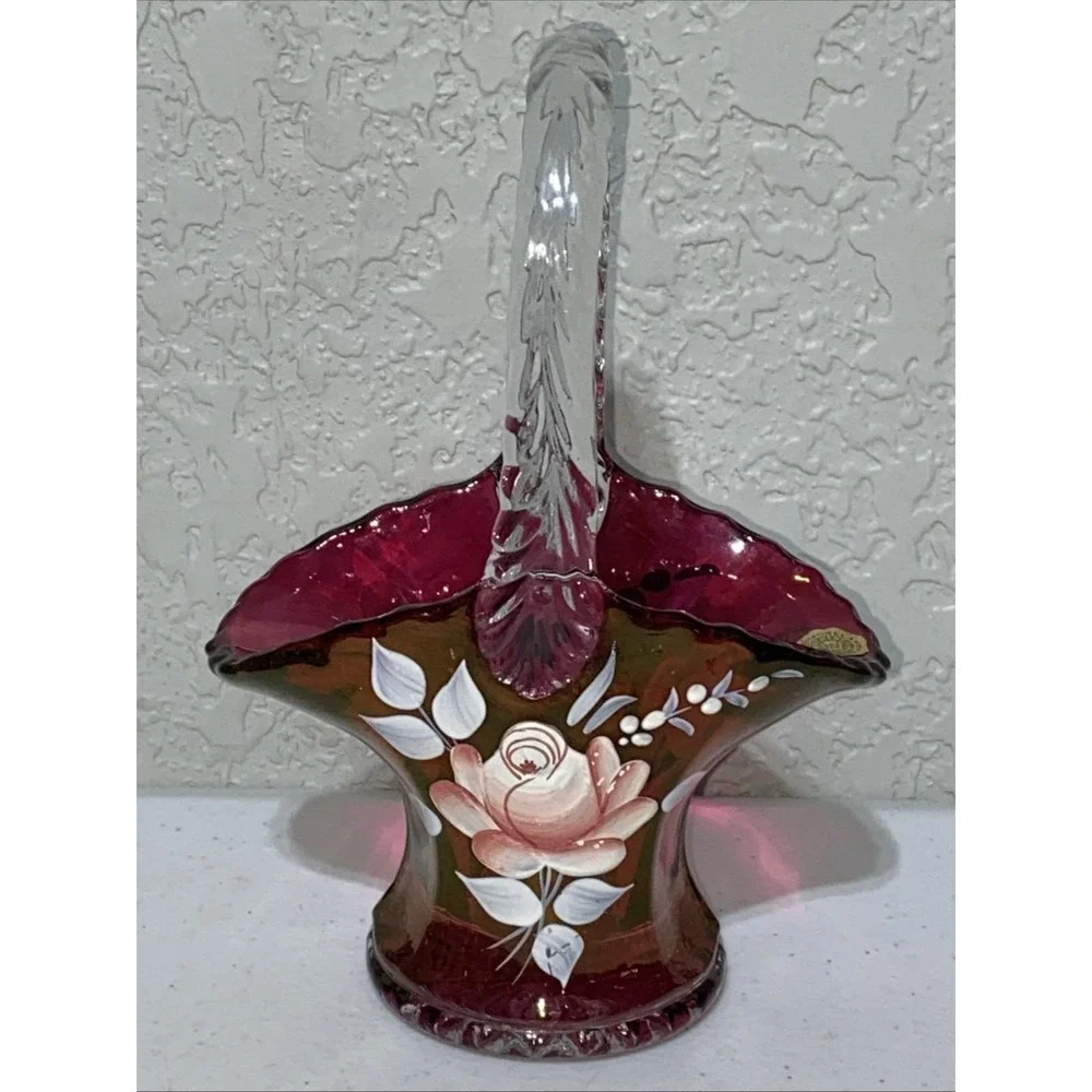 VTG Westmoreland Cranberry Pink Red Glass Basket 7